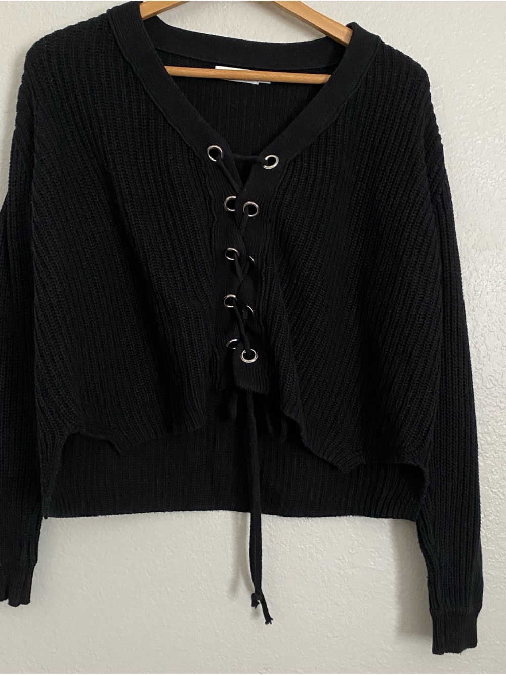 Lush Sweater Women's S Black Cropped Oversized Slouchy Lace Up Y2K Grunge Ribbed